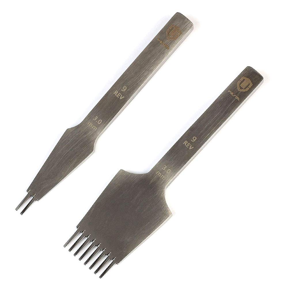 Premium WUTA Leather Hole Punch Set - French Style Pricking Iron & Chisel Tool (3.0mm, 2 & 8 Teeth, Reverse) for Leather Crafting, DIY Projects, and Shoe/Bag Repair