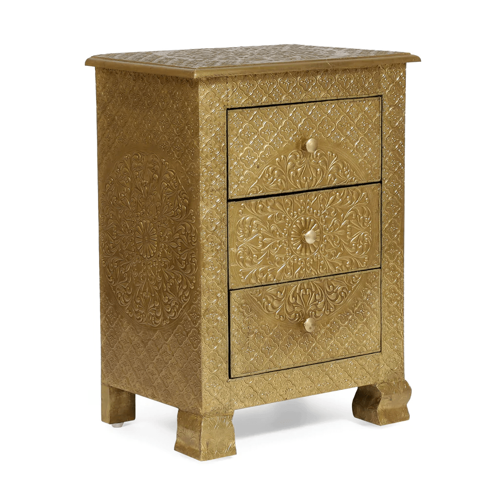 Handmade Embossed Three-Drawer Nightstand - Antique Brass or Silver Finish Bedside Table | Perfect for Bedroom, Guest Room, or Nursery Storage