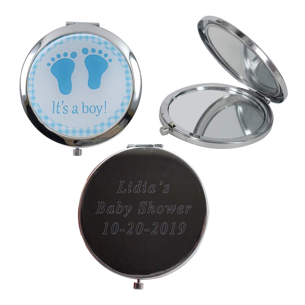 12 PCS Personalized Baby Shower Favors - Custom Laser Engraved Compact Makeup Mirrors with Blue Baby Feet Design & Organza Gift Bags - Perfect for Newborn Celebrations, Bridal Showers, and Party Guest Gifts