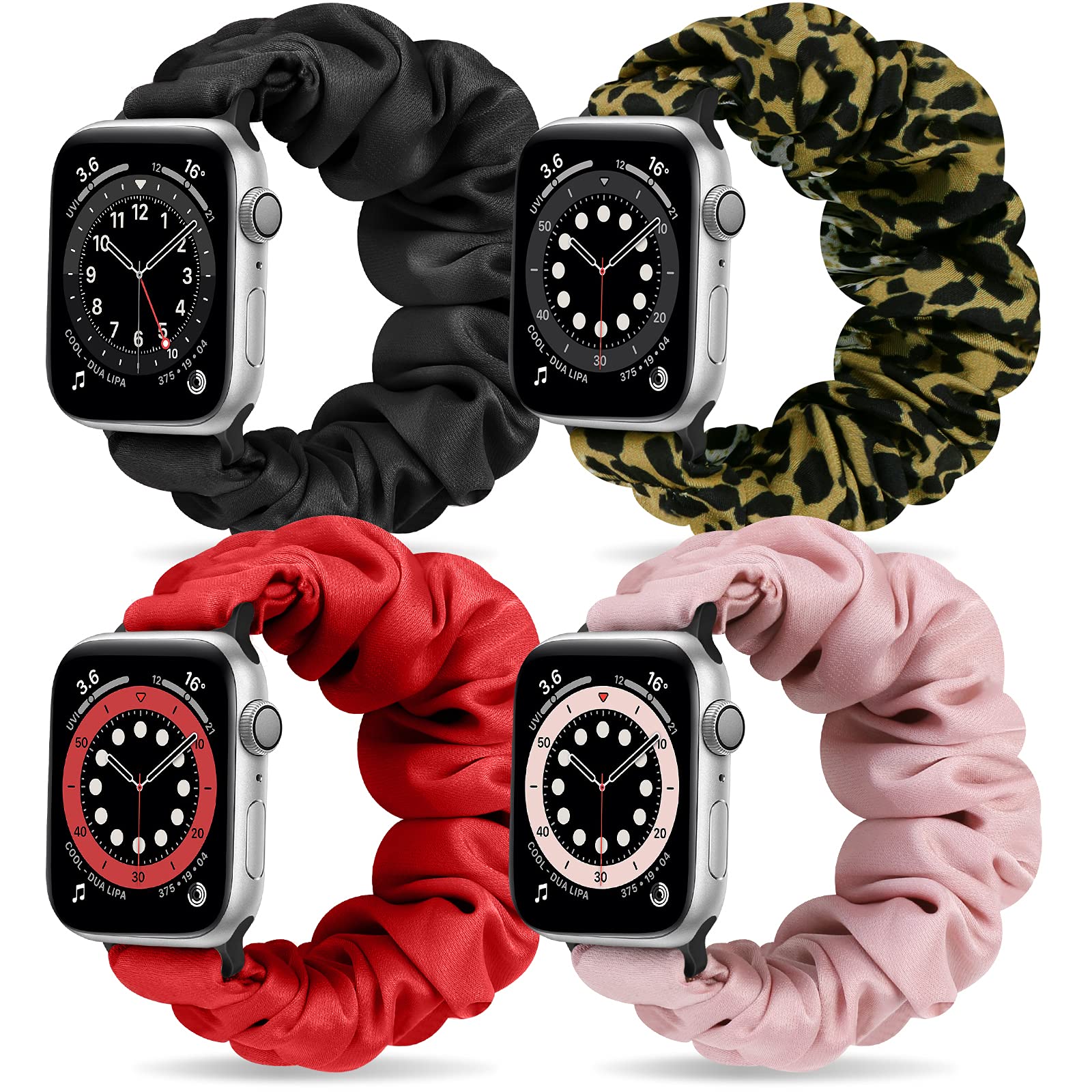 YCHDDER Scrunchie Watch Band for Apple Watch 38mm 40mm 41mm 42mm 44mm 45mm - Soft Elastic Replacement Strap Compatible with iWatch Series SE/7/6/5/4/3/2/1 - 4 Pack Fashionable Wristbands for Women & Girls - Perfect for Workouts, Yoga, and Everyday Wear