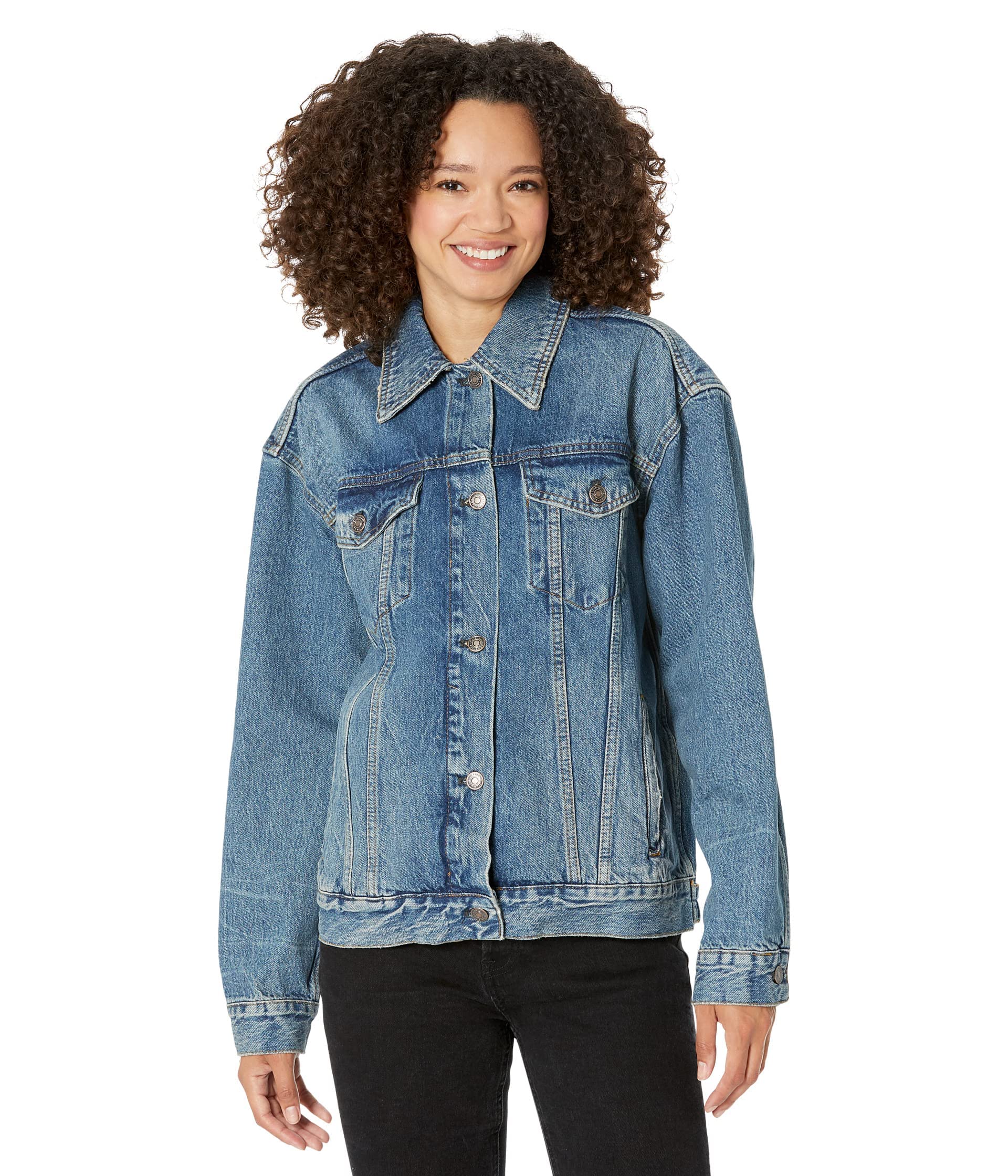 Free People Women's Jolene Denim Trucker Jacket - Vintage Distressed Light Wash - Casual Outerwear for Spring & Fall