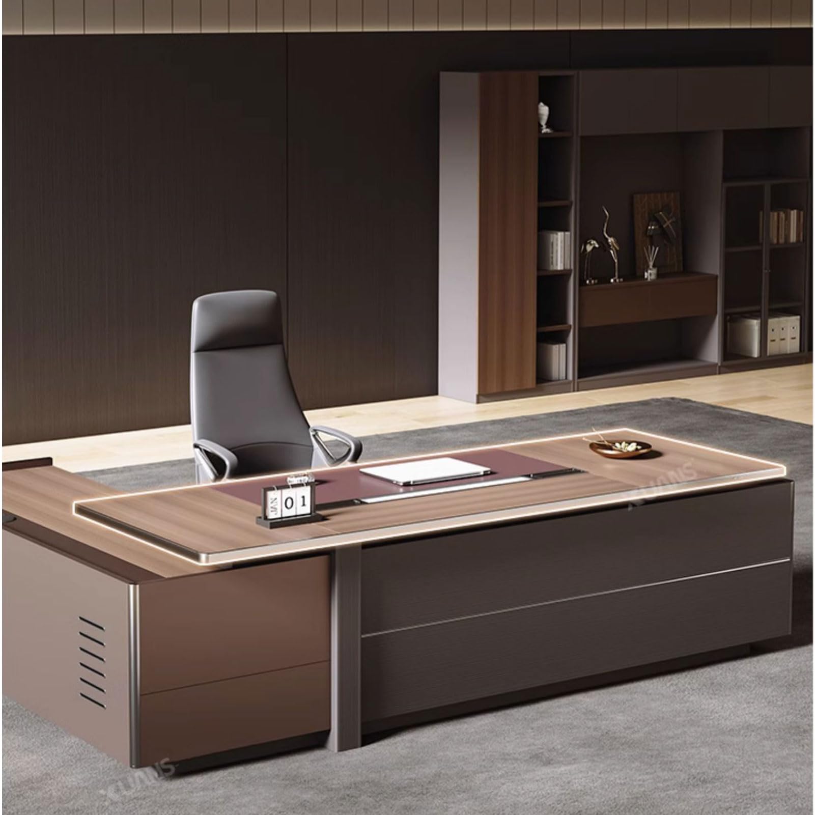 OUDINI Brown L-Shaped Executive Desk with File Cabinet & Drawers - Solid Wood Computer Desk for Home Office | Spacious Workstation for Business Professionals, Perfect for Small Spaces & Modern Workspaces