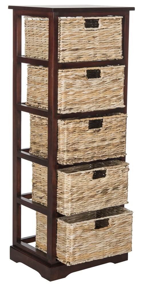 SAFAVIEH Vedette Cherry 5-Drawer Wicker Basket Storage Tower - Fully Assembled Rattan Organizer for Bedroom, Bathroom & Closet Organization