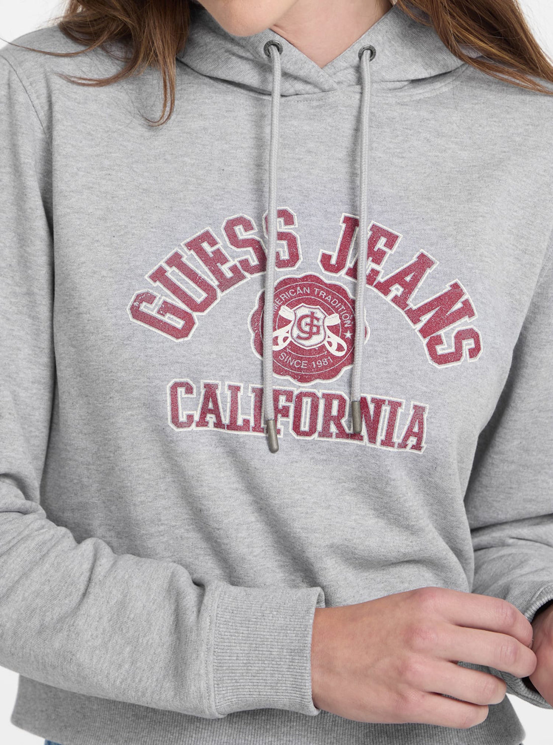Guess Jeans Grey Crop Hoodie with Print - Women's Casual Pullover Sweatshirt for Streetwear & Loungewear