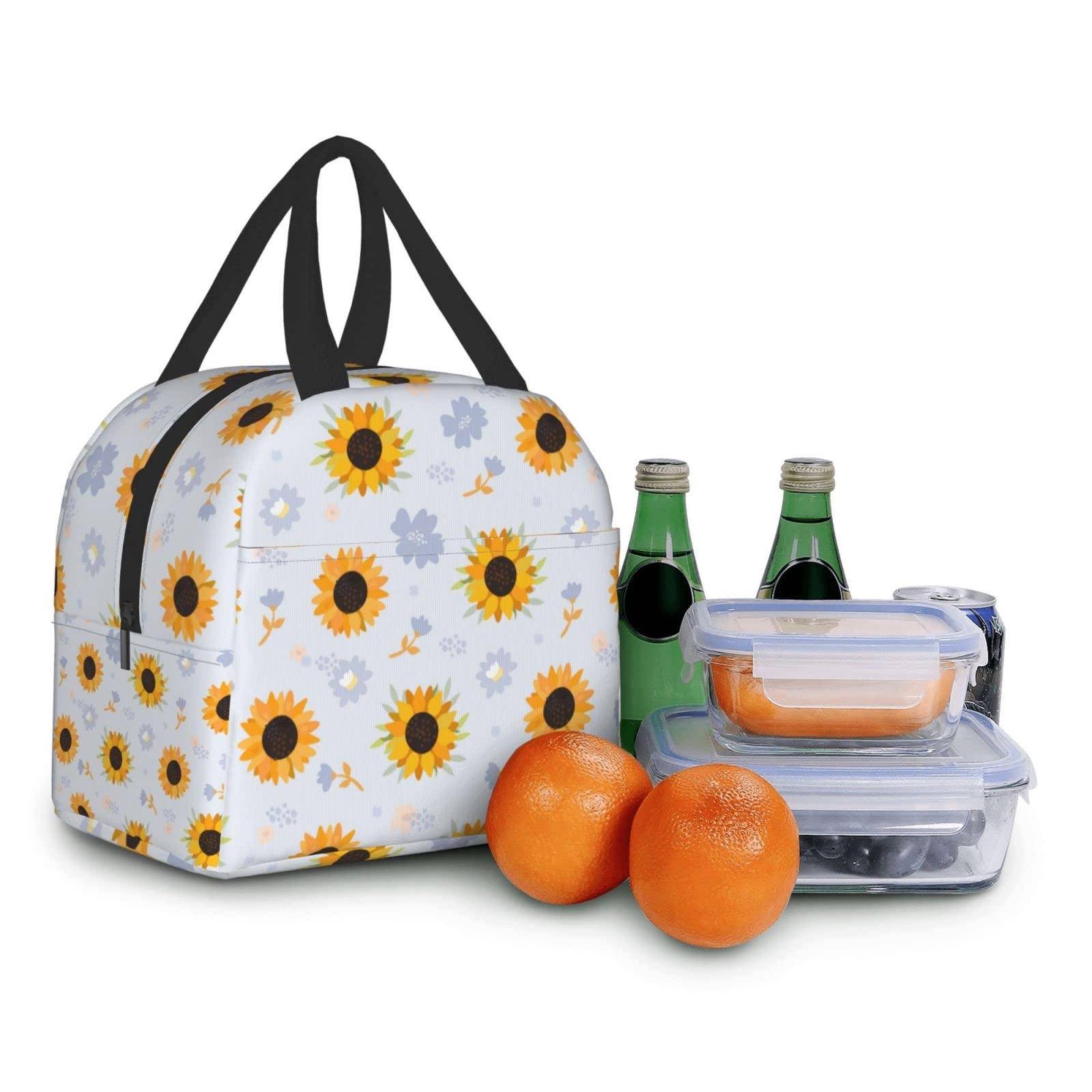 Insulated Lunch Bag with Sunflower Print - Reusable & Portable Lunch Box for Men & Women - Perfect for Work, Travel, Picnic & Outdoor Activities