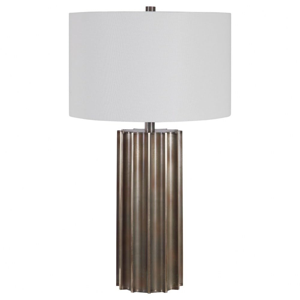Fluted 1-Light Khalio Gun Metal Table Lamp with White Linen Drum Shade & 3-Way Switch - Modern Bedside Lamp for Living Room, Bedroom, or Office Decor