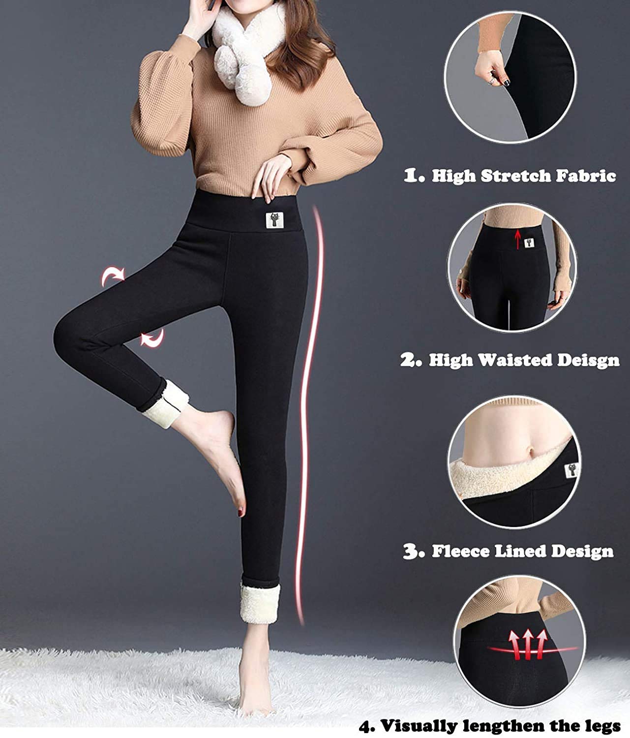 Women's Sherpa Lined Fleece Leggings - Super Thick Cashmere Winter Tights with Tummy Control & High Waist | Warm Stretchy Thermal Pants for Cold Weather, Yoga, Lounge & Outdoor Activities