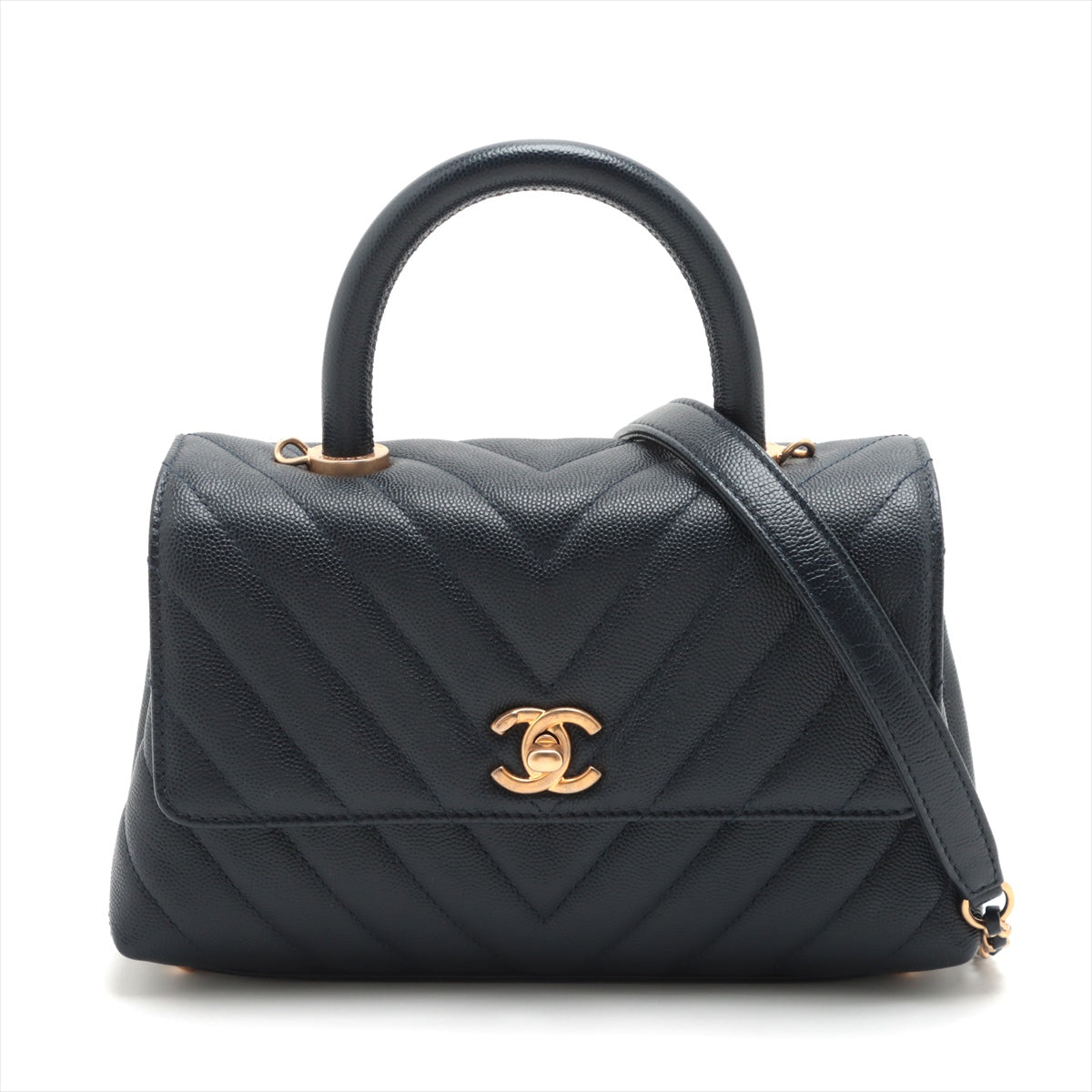 Chanel Small Chevron Coco Handle Bag in Navy Caviar Leather - Perfect for Work, Evening Events & Luxury Fashion Accessories