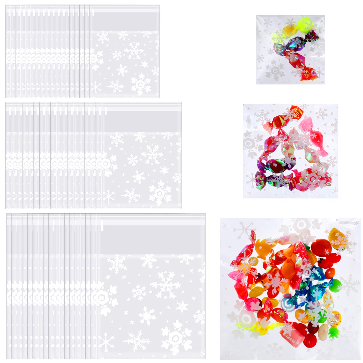 300-Piece Christmas Cellophane Treat Bags - Self-Adhesive Clear Cookie Bags with Snowflake Design for Homemade Snacks, Desserts & Crafts - 3 Sizes (Small, Medium, Large) - Perfect for Holiday Baking, Party Favors & Gift Wrapping