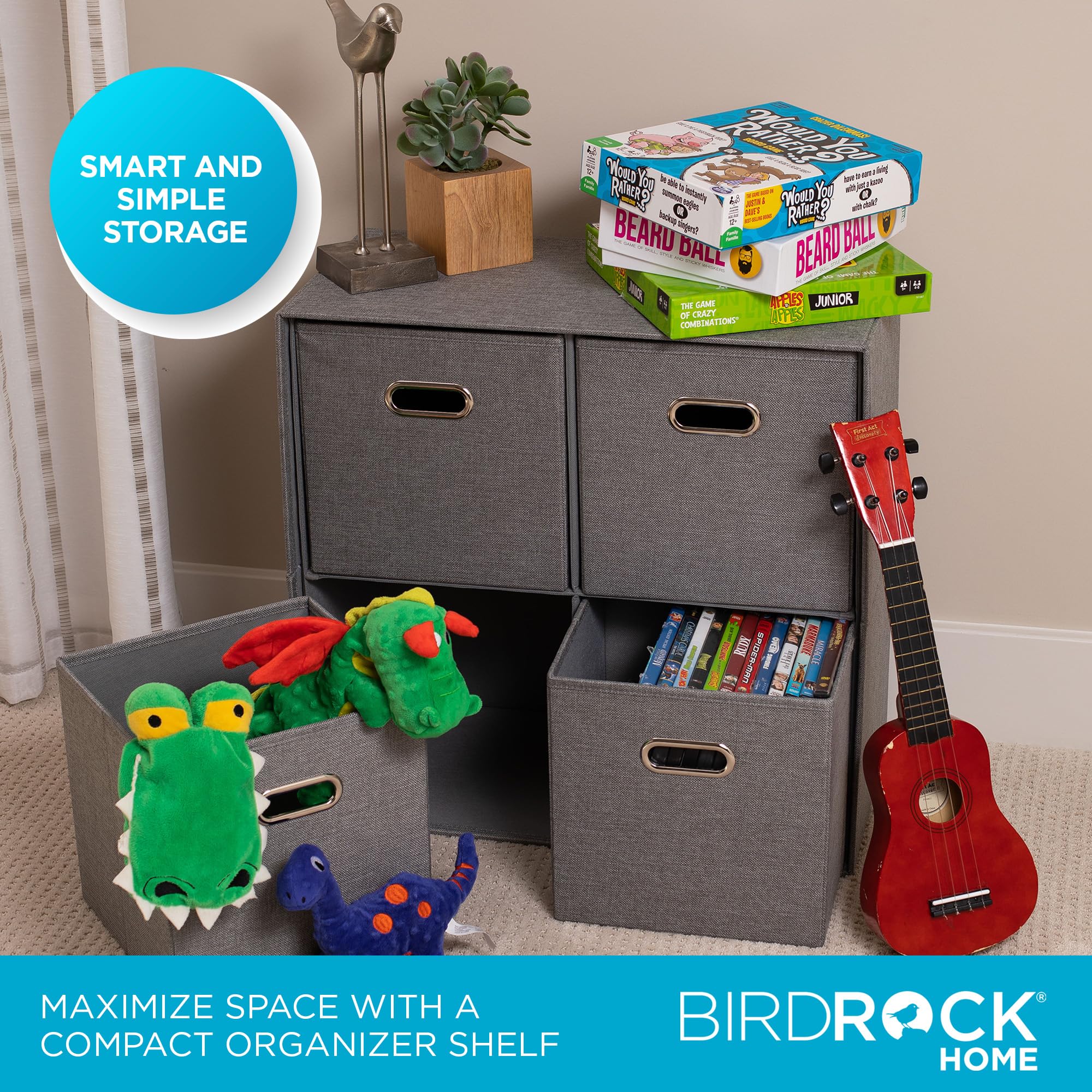BIRDROCK HOME 4-Bin Linen Cube Organizer Shelf - Durable Collapsible Storage Unit for Bedroom, Closet, Dorm | Space-Saving Shelving for Toys, Clothes, Towels | Grey Home Organization Solution (Perfect for Small Spaces & Kids' Rooms)