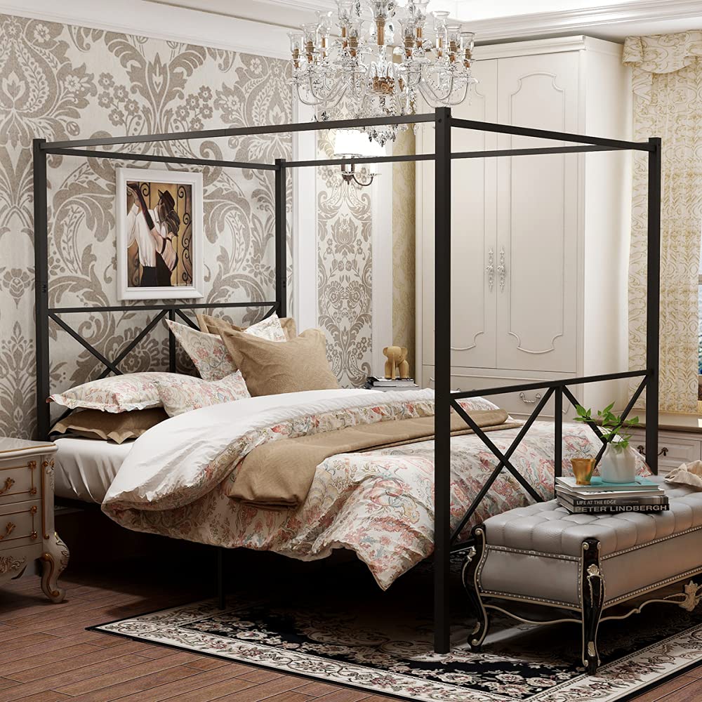 Queen Size Metal Canopy Bed Frame - No Box Spring Needed, Sturdy X-Shaped Design for Bedroom & Guest Room Decor