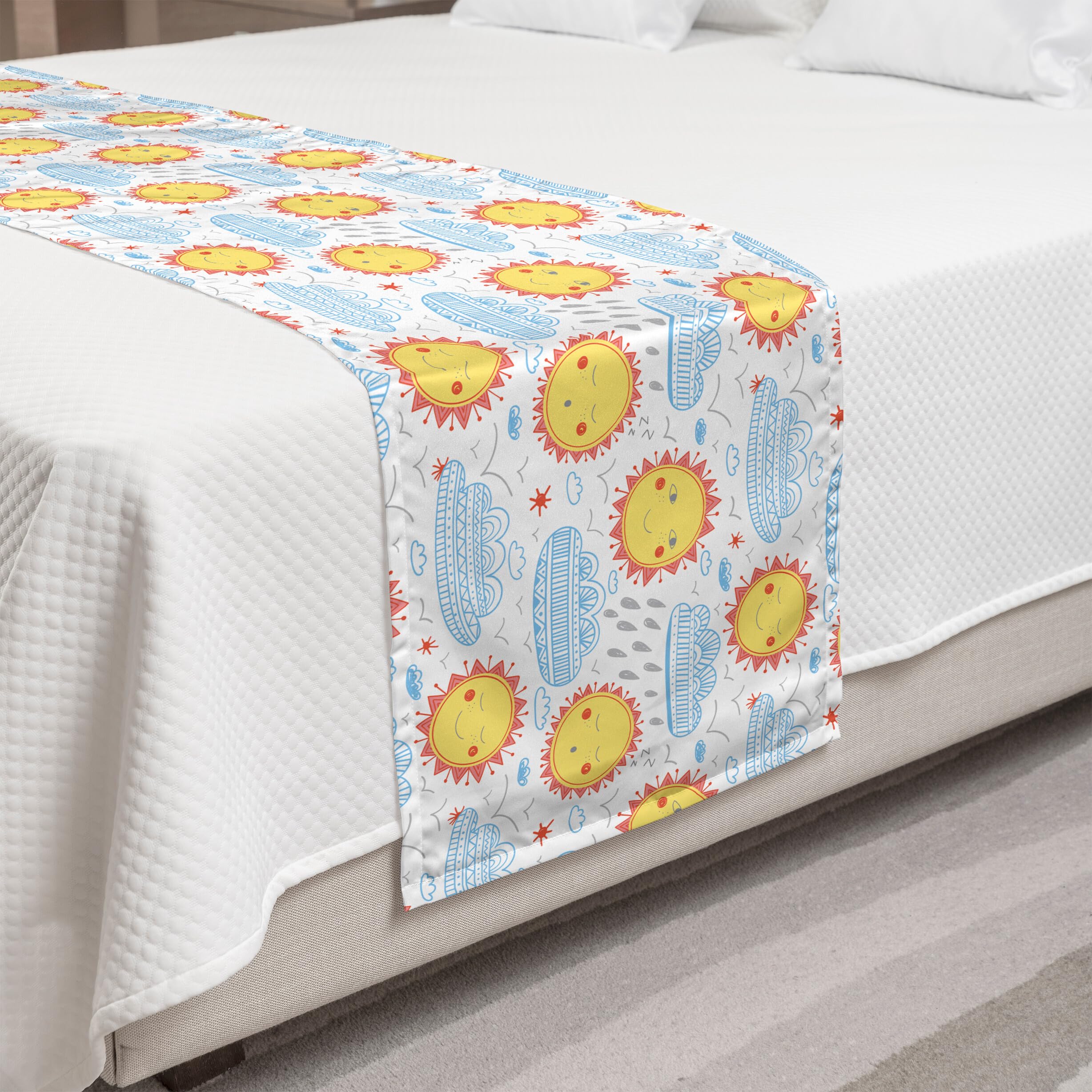 Ambesonne Sun Bed Runner - Weather Themed Decorative Bed Scarf with Sunny Clouds & Rain Design for King Size Beds - Perfect for Hotels, Homes & Guestrooms - White & Multicolor - Ideal for Seasonal Decor & Cozy Bedroom Styling