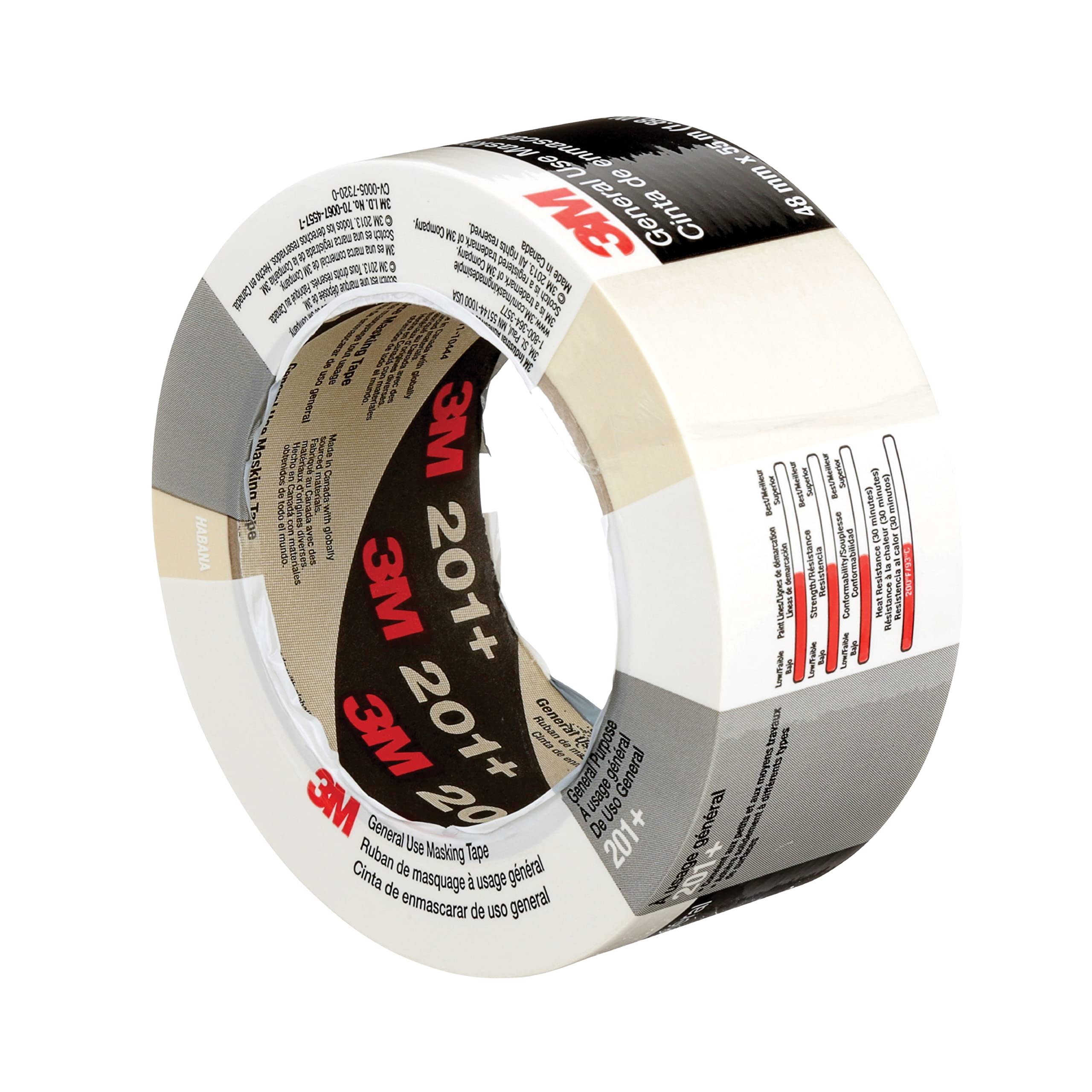 3M General Use Masking Tape 201+ - 48mm x 55m, Low Unwind, Clean Removal, Easy Tear, Resists Slivering - Tan Crepe Paper Tape (24 Rolls/Case, Individually Wrapped) - Perfect for Painting, Crafting, Home Improvement & DIY Projects