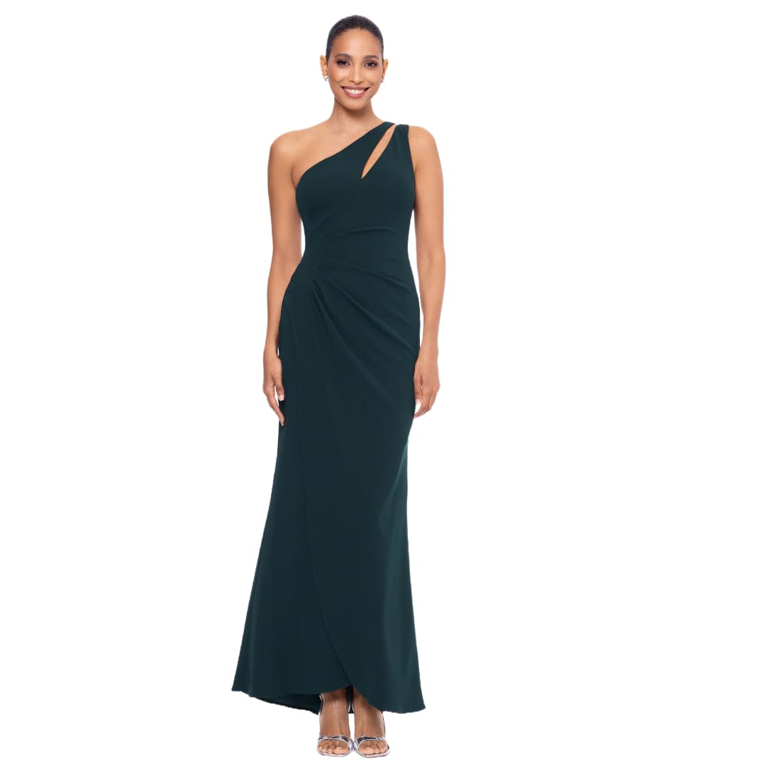 Betsy & Adam Women's Elegant Long Sleeveless One Shoulder Side Ruched Scuba Crepe Formal Gown - Perfect for Prom, Evening Parties, and Special Occasions