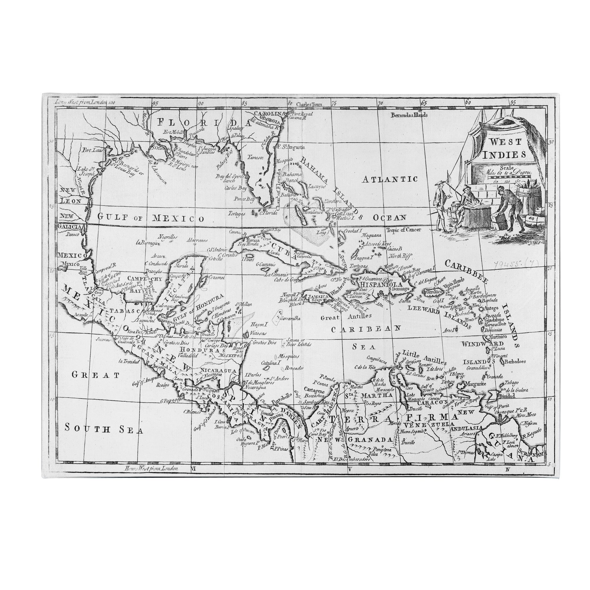 Trademark Fine Art Canvas Print - Vintage Map of The West Indies, Florida & South America - 30x47 Inch Wall Decor for Living Room, Office & Library