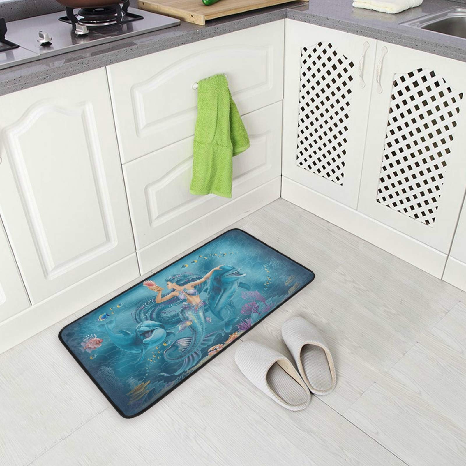 MOYYO Anti-Fatigue Kitchen Mat - Non-Slip, Oil & Stain Resistant Floor Mat with Mermaid Blue Dolphin Design - Easy to Clean Comfort Rug for Kitchen, Bathroom, Indoor/Outdoor Use - Perfect for Cooking Areas, Sink Stations & High-Traffic Entryways