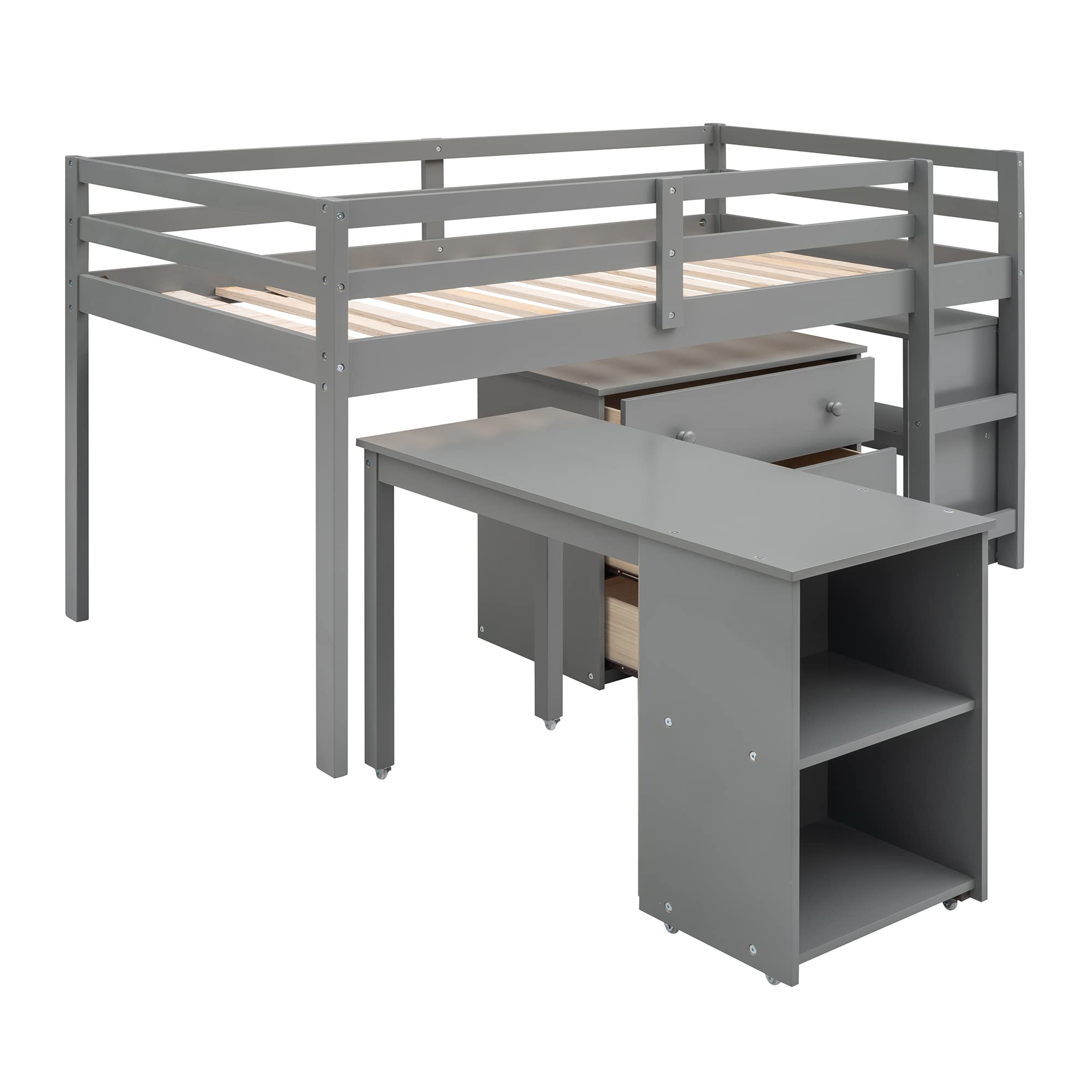 Harper & Bright Designs Twin Size Low Loft Bed with Desk & Storage Cabinet - Wooden Junior Loft Bed for Kids, Boys & Girls in Gray - Perfect for Small Bedrooms, Study Spaces & Kids' Room Organization