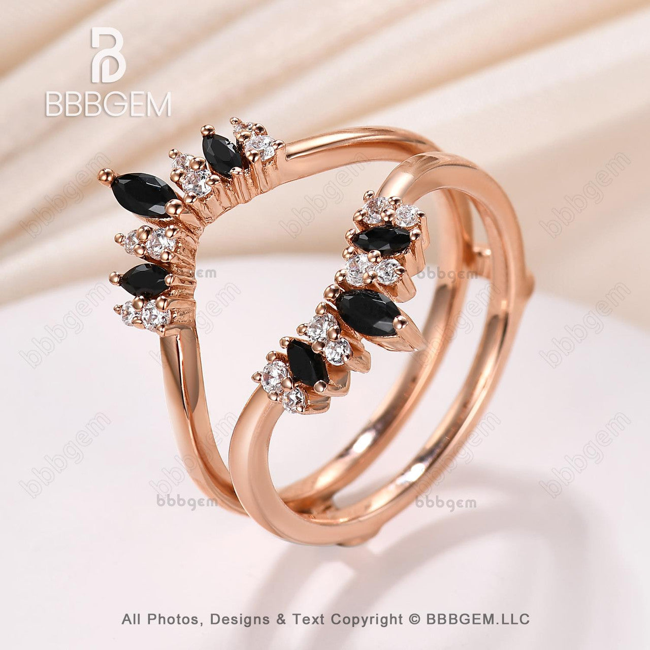 Marquise & Round Cut Black Onyx Diamond Chevron Wedding Band Ring Enhancer - Unique Rose Gold Curved Spinel Moissanite Bridal Jewelry for Engagement, Anniversary & Special Occasions