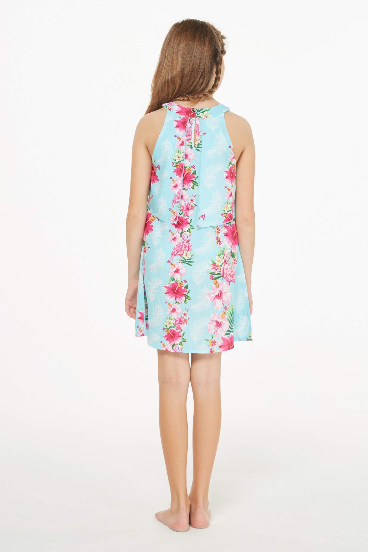 Hawaiian Floral Ruffle Dress for Girls - Pink Hibiscus Vine Print Round Neck Summer Dress | Perfect for Beach Vacations, Luau Parties & Tropical Getaways