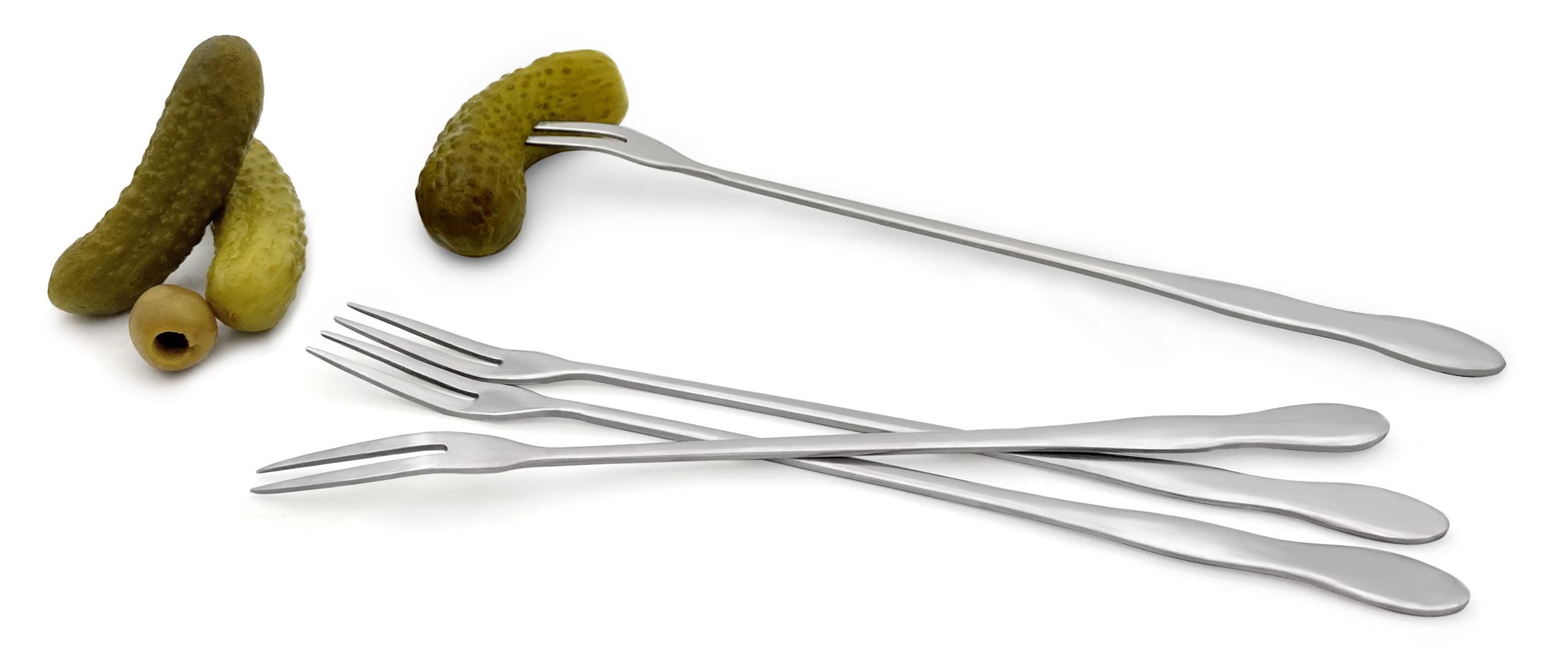 Stainless Steel Pickle Forks Set of 4 - 7.8 Inch Long Handle Olive & Cocktail Forks - Perfect for Jars, Pickles, Garnishes & Party Snacks