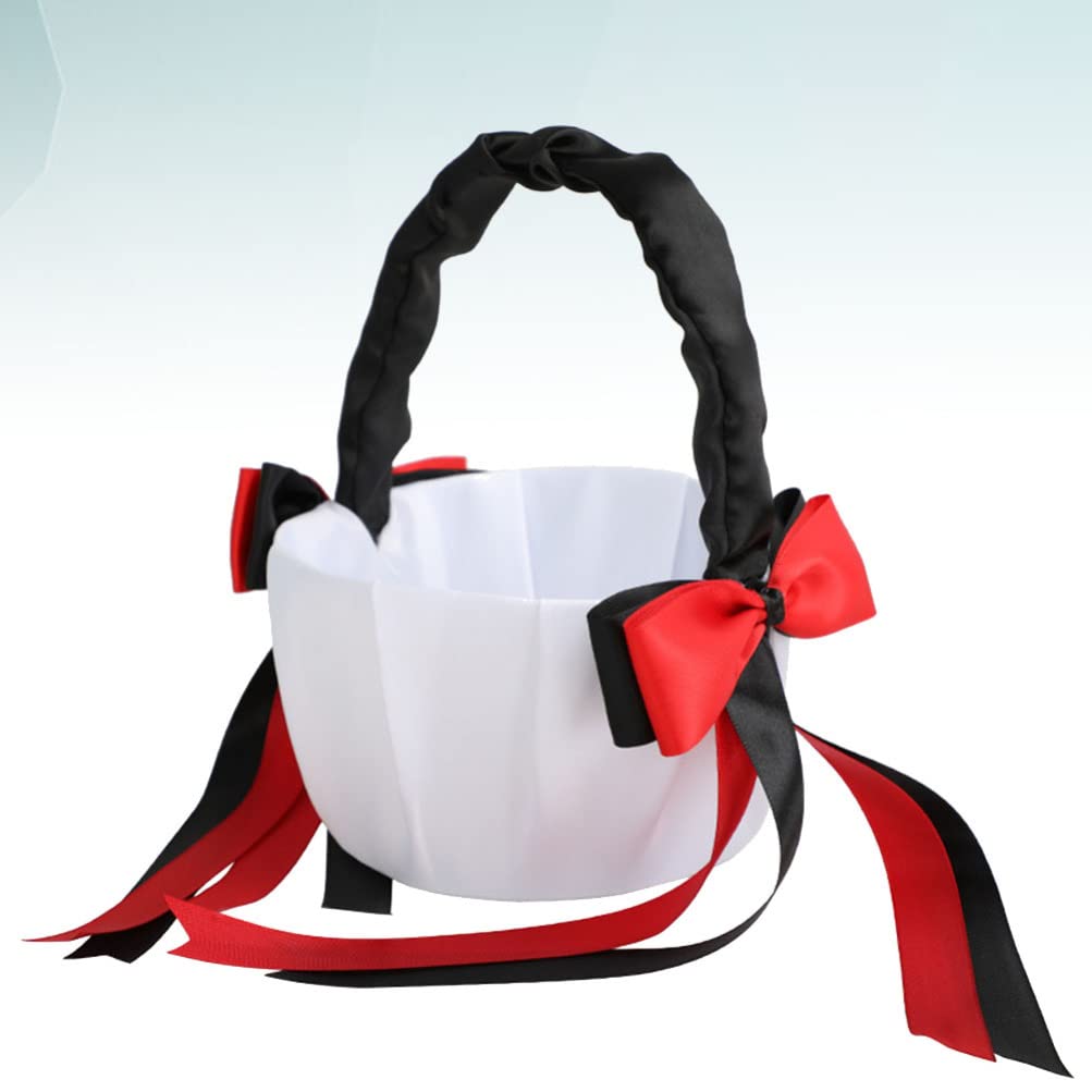 Elegant Black and Red Bowknot Flower Girl Basket with Handle - Wedding Ceremony Party Decoration for Romantic Bridal Showers, Receptions & Photo Props