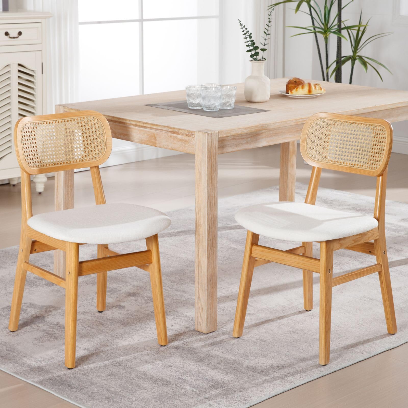 2 Pack Rattan Dining Chairs - Beige Linen Upholstered Farmhouse Kitchen Chairs with Natural Wood Frame | Boho Style Side Chairs for Dining Room, Breakfast Nook & Outdoor Patio