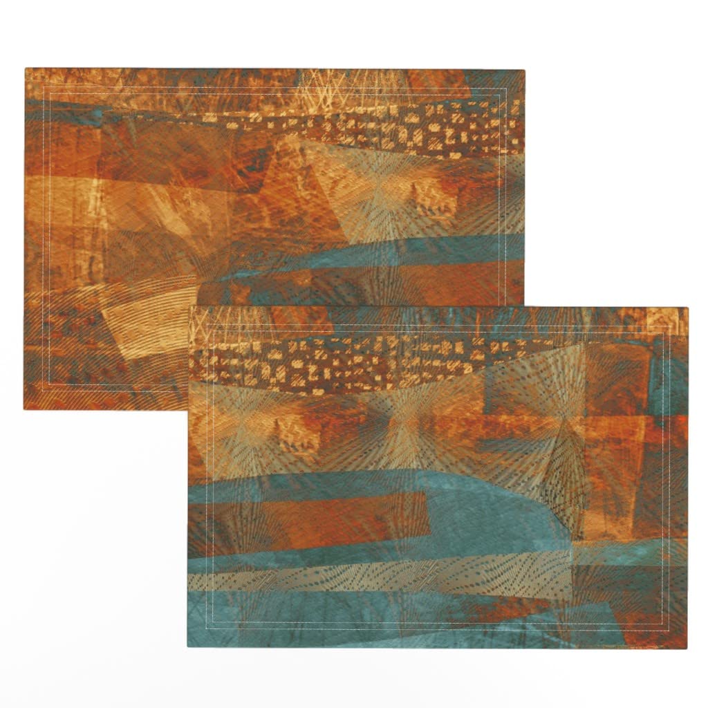Premium Linen Cotton Canvas Placemats Set of 2 - Abstract Teal Blue & Turquoise Orange Copper Art Print - Elegant Table Setting for Dining, Kitchen, or Party Decor