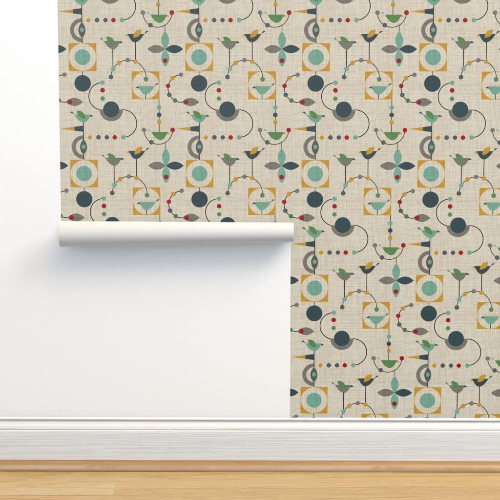 Premium Commercial Grade Wallpaper 27ft x 2ft - Mid Century Modern Geometric Design with Retro 1950s Atomic Birds Pattern | Green Gender Neutral Nursery Wallpaper for Home Decor by Spoonflower | Perfect for Living Rooms, Bedrooms & Kids' Rooms