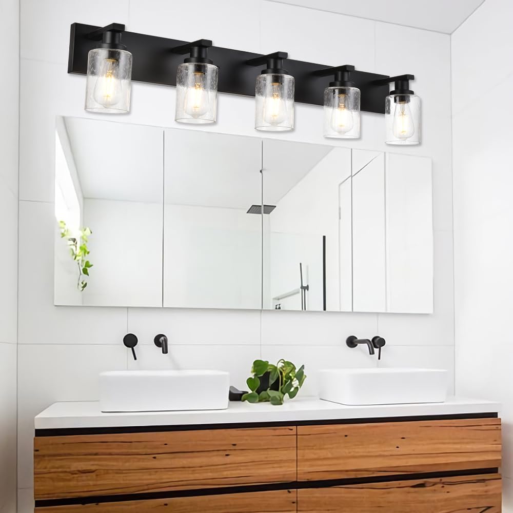 5-Lights Farmhouse Bathroom Vanity Light - Black Wall Mount Lighting Fixture with Seeded Glass Shades - Perfect for Bathroom Mirror, Cabinet, Kitchen and Bedroom Lighting