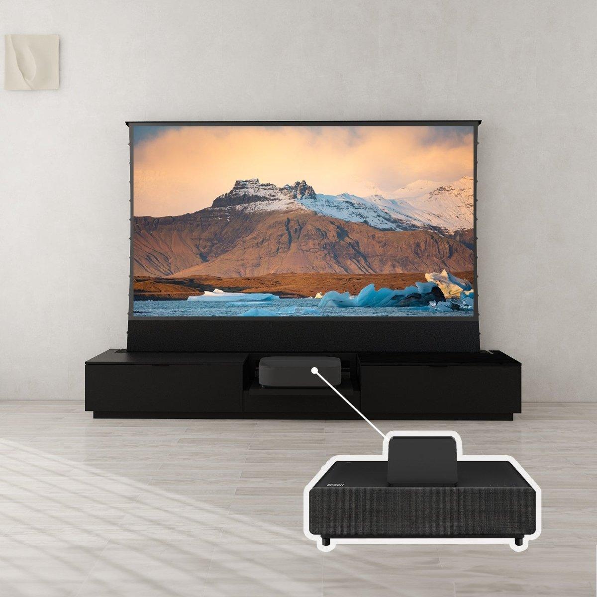 VIVIDSTORM Bundle - 4K Laser Projector, Motorized Screen & TV Cabinet for Home Theater | Epson Edition | Perfect for Movie Nights, Gaming & Entertainment
