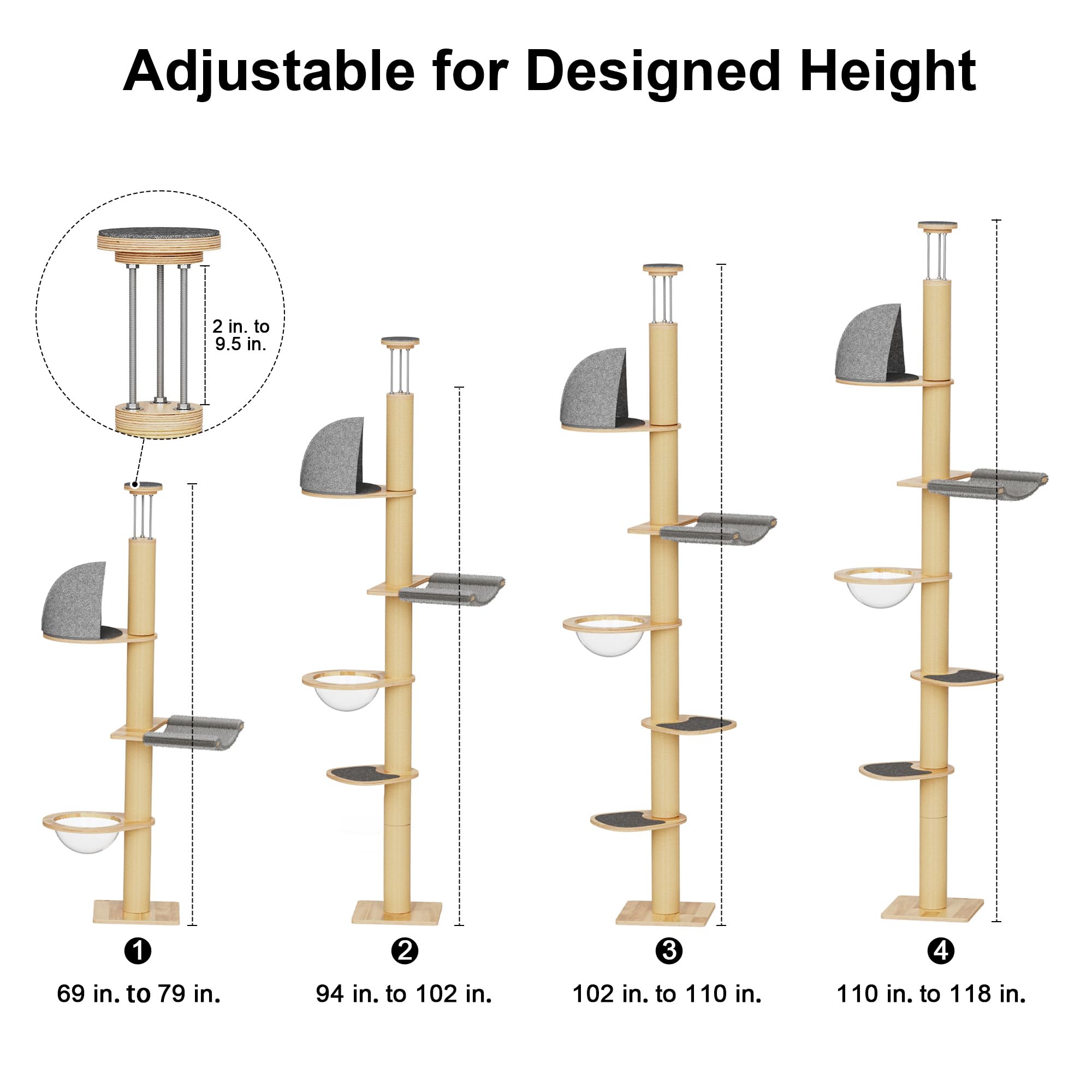 Premium 6-Level Adjustable Cat Tree Tower (5.7-9.8 ft) - Floor to Ceiling Climbing Structure with Thick Scratching Posts, Transparent Capsule & Plush Hammock - Perfect for Indoor Cat Play, Exercise & Relaxation in Apartments/Homes