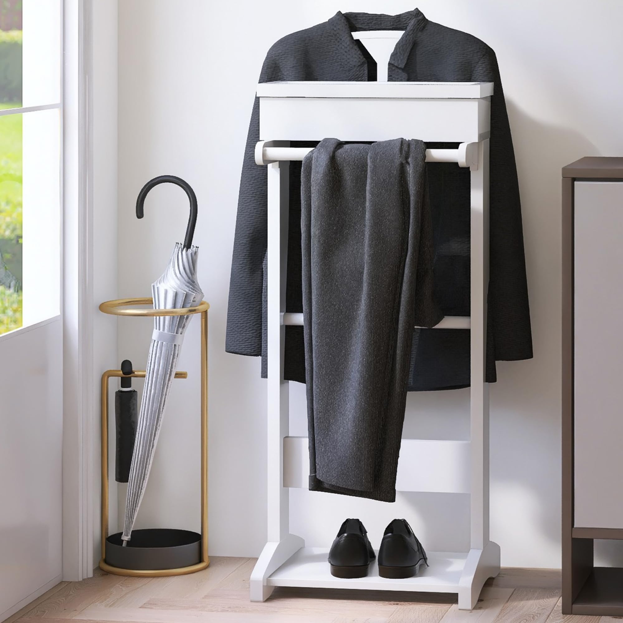 Wooden Garment Rack with Shelves - Freestanding Clothing Organizer for Hanging Clothes & Storage | Portable Coat Stand for Entryway, Bedroom, Office & Closet Organization | Perfect for Home, Dorm & Commercial Use
