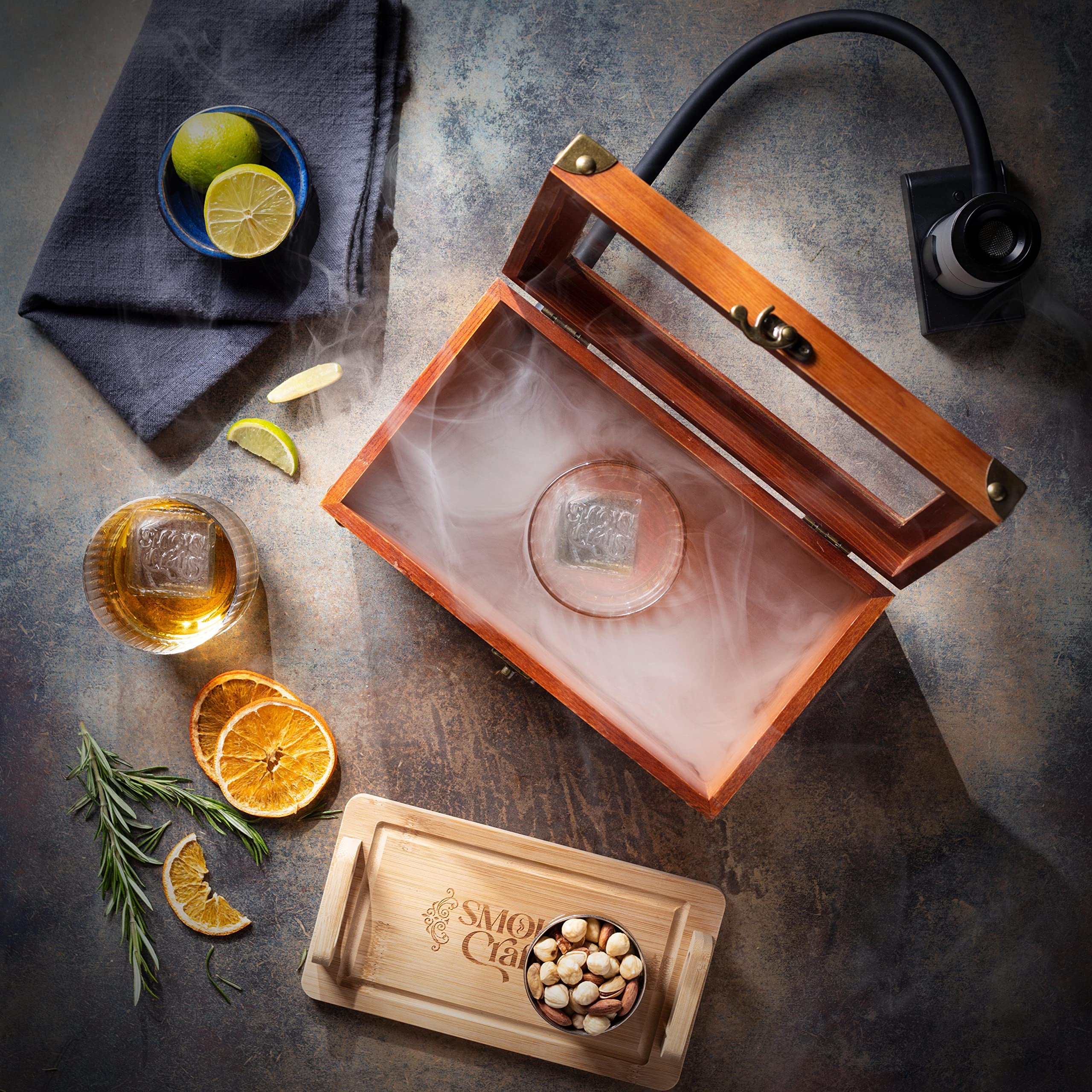 Premium Whiskey Smoker Kit - Old Fashioned Cocktail & Food Smoker with Smoking Gun, Wood Chips (Apple & Cherry), Food Tray - Perfect for Bourbon Lovers, Home Bars & Gourmet Cooking - No Torch Required