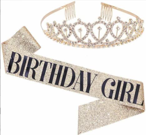 Sparkly Birthday Crown & Sash Set for Girls - Glitter Party Decorations, Women's Birthday Favors - Perfect for Princess Parties, Bachelorette Celebrations & Special Occasions