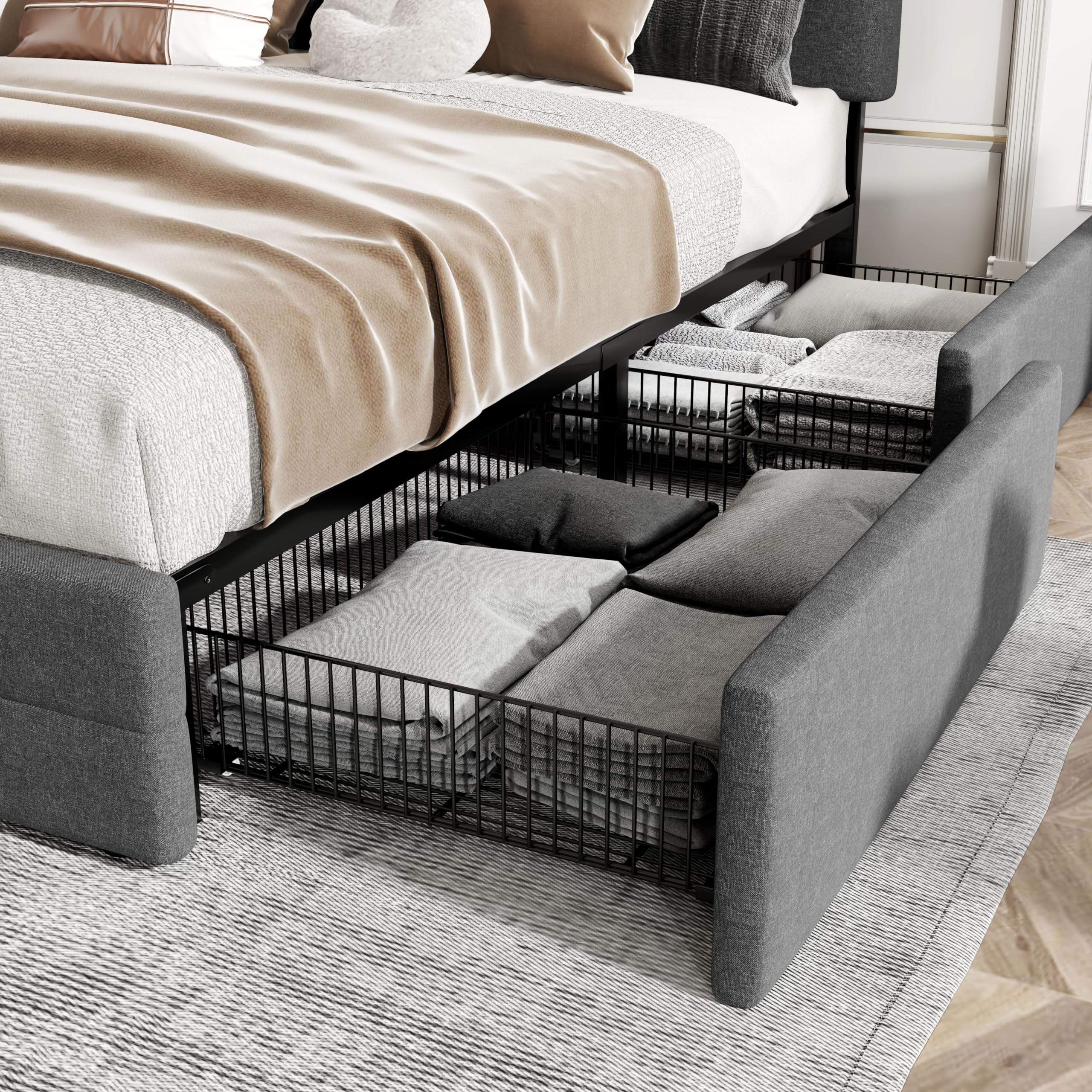 HOOMIC Full Size Platform Storage Bed Frame with 4 Drawers - Adjustable Headboard, Square Stitched Button Tufted Design, Wooden Slats - Noise Free, Easy Assembly, No Box Spring Needed - Dark Grey - Perfect for Small Bedrooms, Guest Rooms & Dormitories