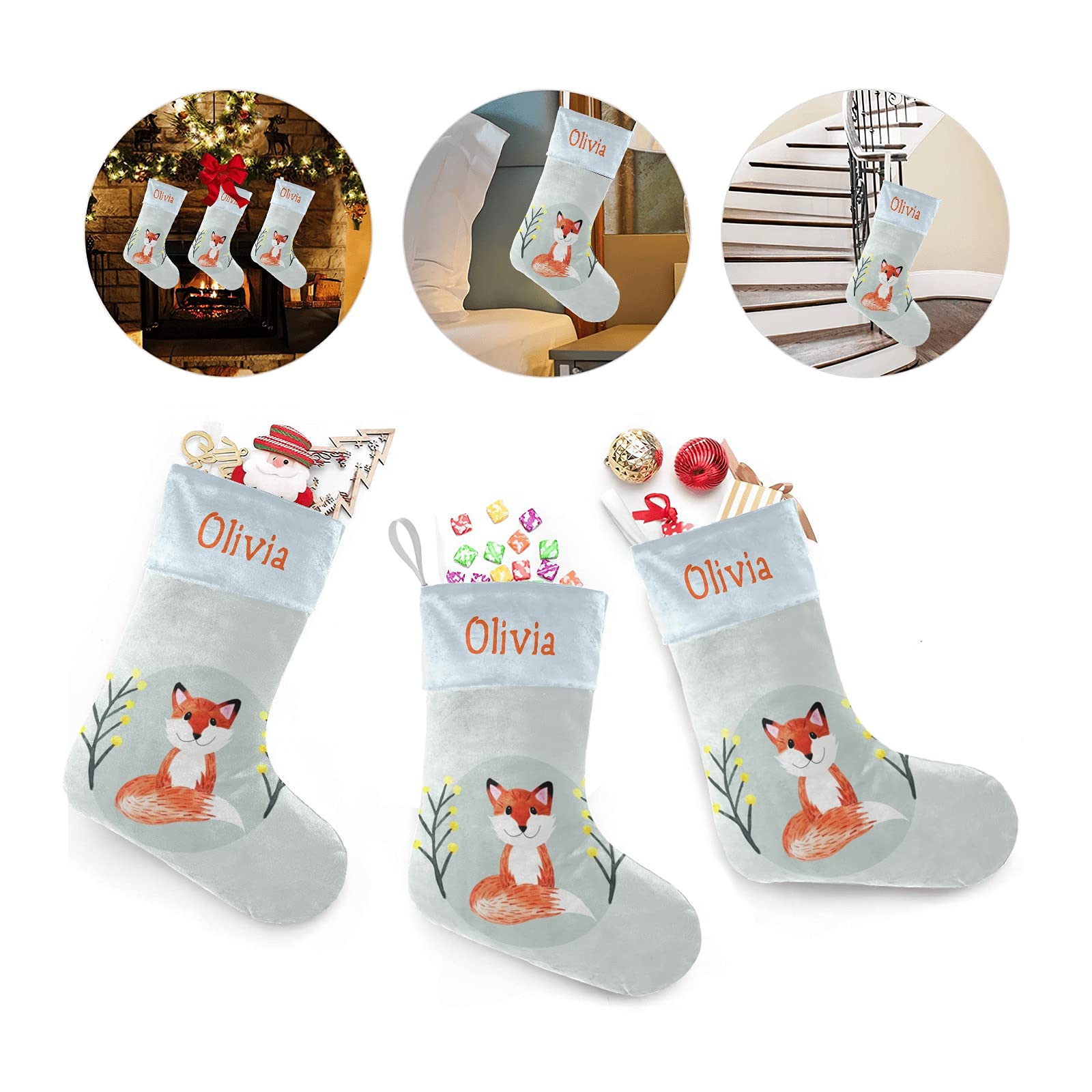 Personalized Fox Christmas Stockings for Kids & Pets - Custom Name Woodland Forest Xmas Gift 17.5x8 Inch - Holiday Decor for Fireplace, Nursery & Pet Lovers