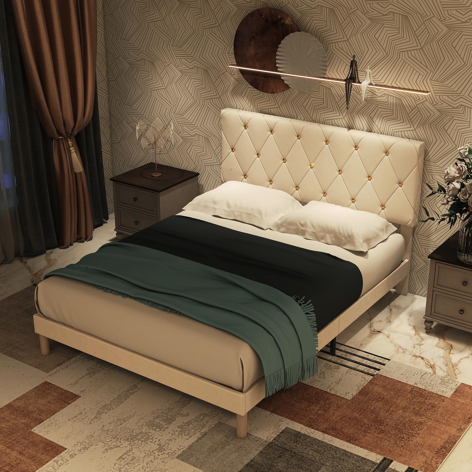 Luxury Velvet Upholstered Full Size Bed Frame with Headboard - Easy Assembly Wooden Slat Platform, No Box Spring Needed, Noise-Free & Non-Slip Design (Beige) for Master Bedroom, Guest Room or Dorm