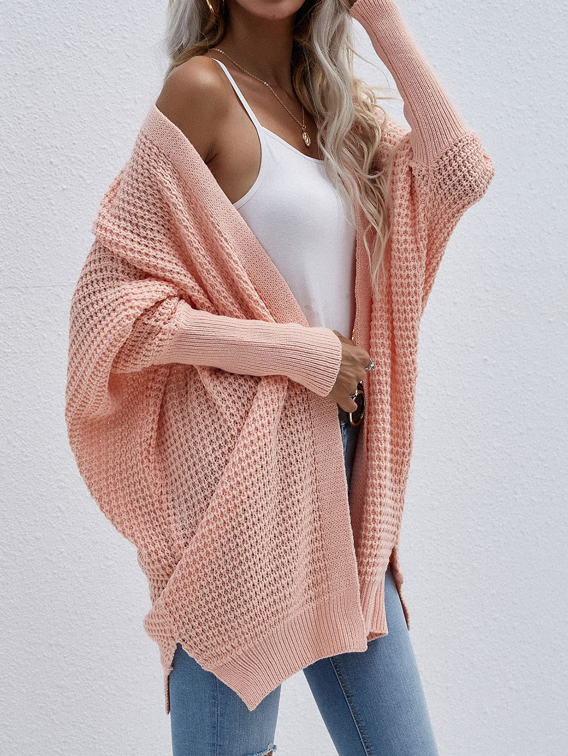 Women's Chunky Knit Waffle Cardigan - Ribbed Cuffs & Open Front Batwing Sweater - Long Sleeve Loose Casual Coat for Fall & Winter (Perfect for Coffee Dates, Office Wear & Cozy Evenings)