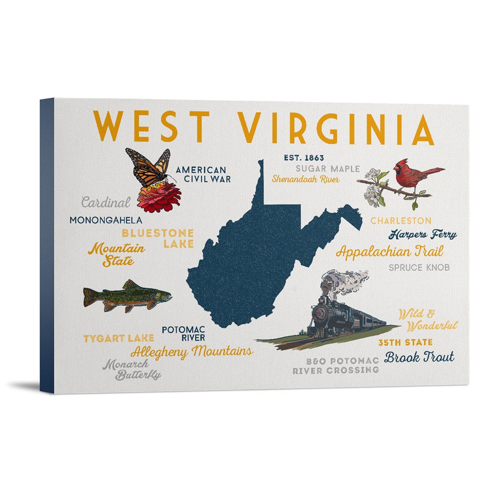 Lantern Press West Virginia Typography & Icons Wall Art - 12x18 Wrapped Canvas Print for Home & Office Decor - Perfect for Living Room, Bedroom or Gift