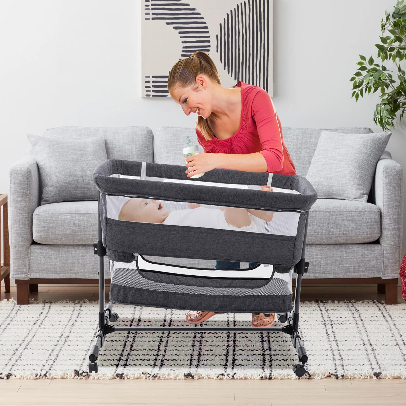 3 in 1 Baby Crib Bedside Sleeper, Adjustable Portable Bassinet for Newborn & Infant - Deep Grey | Perfect for Co-Sleeping, Nursery & Travel