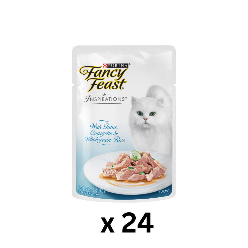 24-Pack Fancy Feast Inspirations 70g Cat Food Variety Pack - Chicken, Courgette, Tomato, Tuna, Beef & Salmon - Delicious & Nutritious Wet Cat Food for Adult Cats - Perfect for Mealtime, Travel & Treats