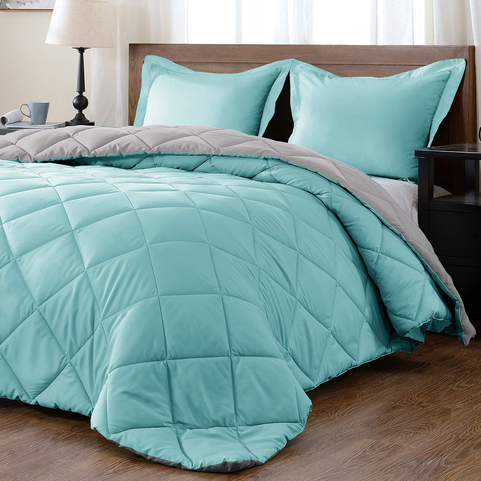 Reversible Down Alternative Comforter - Light Blue & Gray Queen Size (88