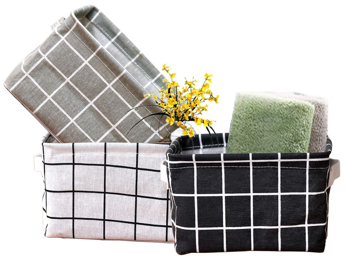 AARainbow 3-Pack Canvas Storage Baskets with Handles - Mini Storage Cubes for Makeup, Baby Toys, Books & Nursery Organization - Perfect for Shelves, Desks & Closet Storage (Black, White, Gray)