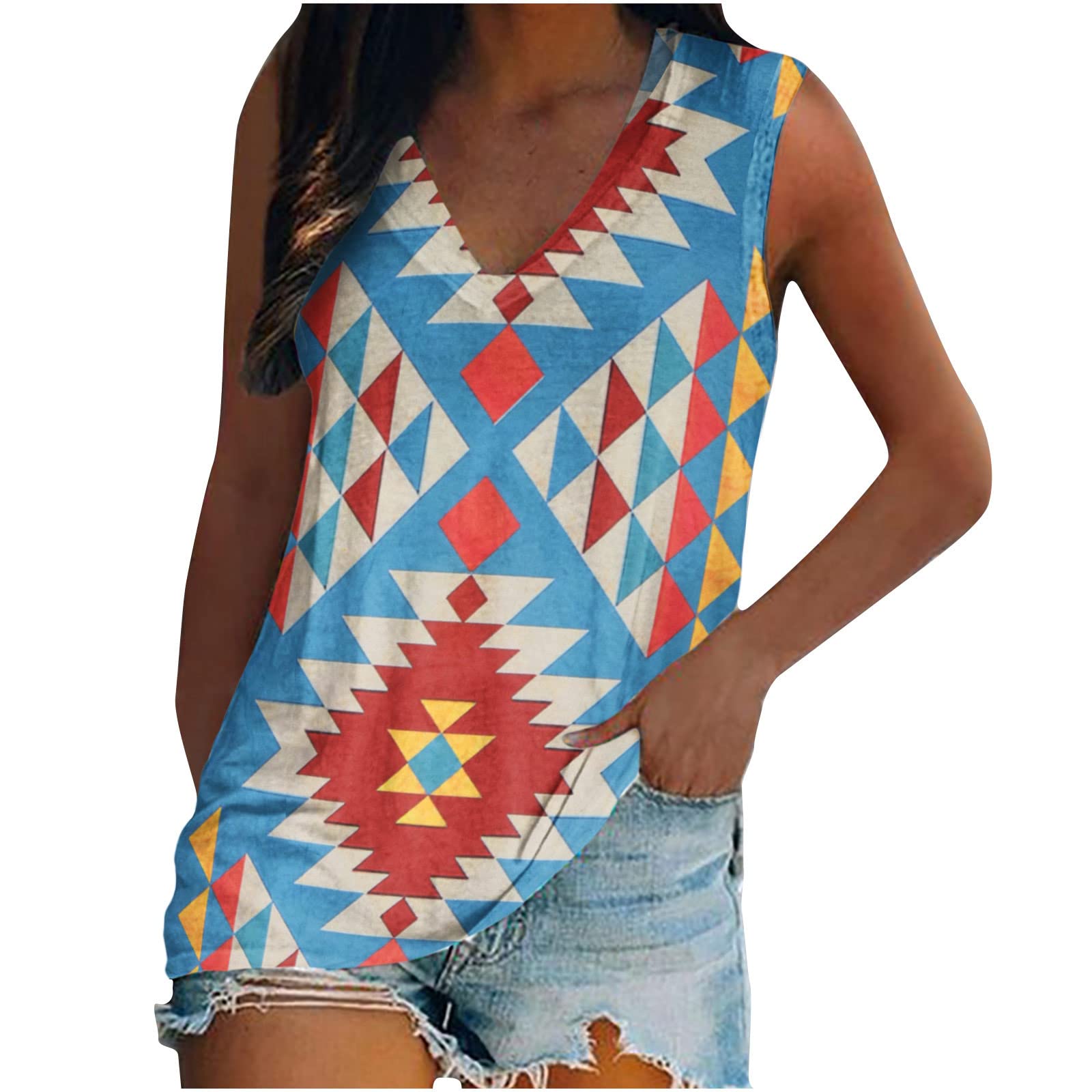 Women's V Neck Loose Tank Top - Colorful Printed Sleeveless Blouse for Casual Wear, Summer Outfits & Beach Vacation