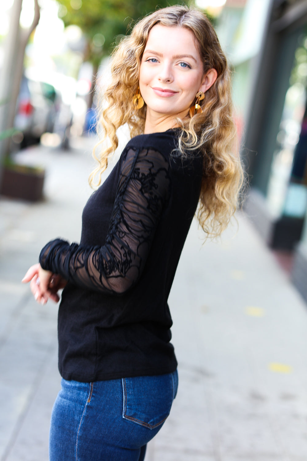 Black Shirred Velvet Mesh Blouse - Elegant Women's Fashion Top for Party & Evening Wear
