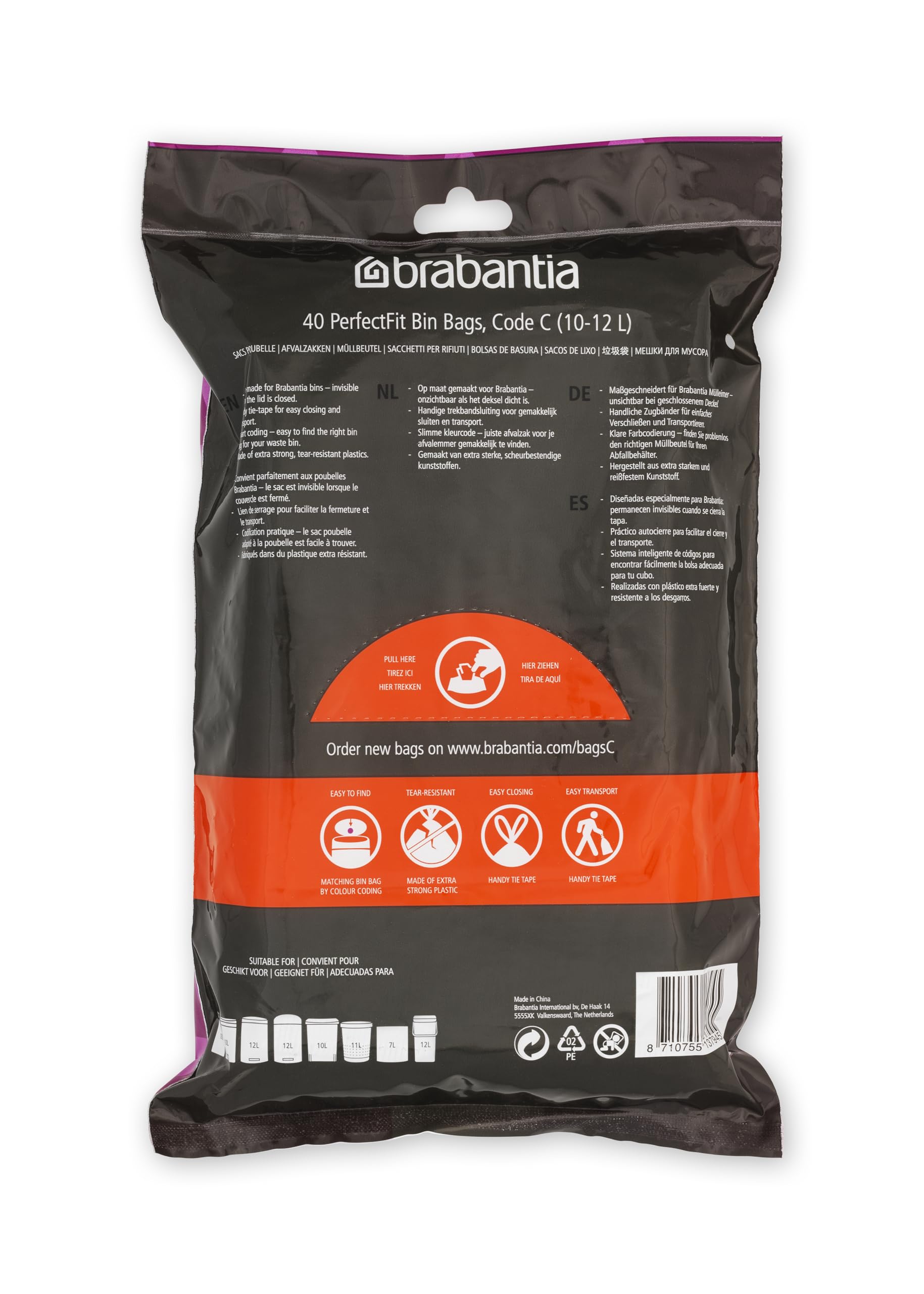 Brabantia PerfectFit Trash Bags Size C (2.6-3.2 Gallon) - Thick Plastic Trash Can Liners with Drawstring Handles - 40 Count - Ideal for Kitchen, Bathroom & Office Waste Bins