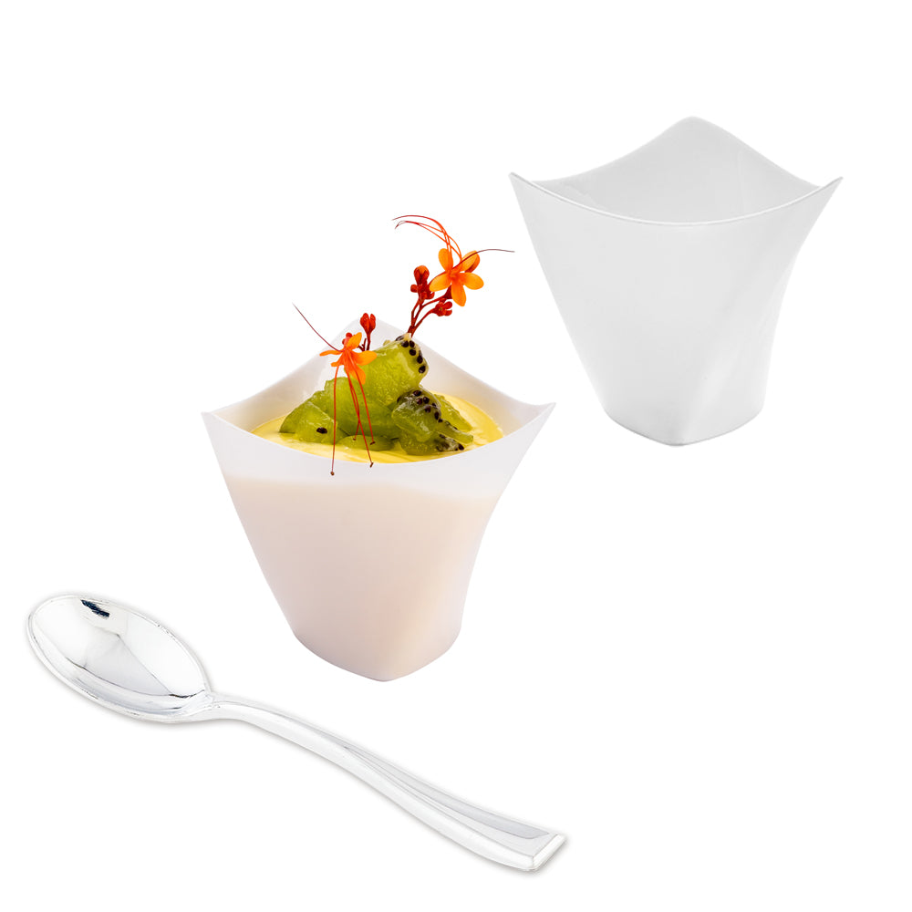 100-Pack 4 oz White Plastic Mini Crescendo Cups & 100 Silver Plastic Mini Spoons - Perfect for Parties, Weddings, Baby Showers & Dessert Tastings