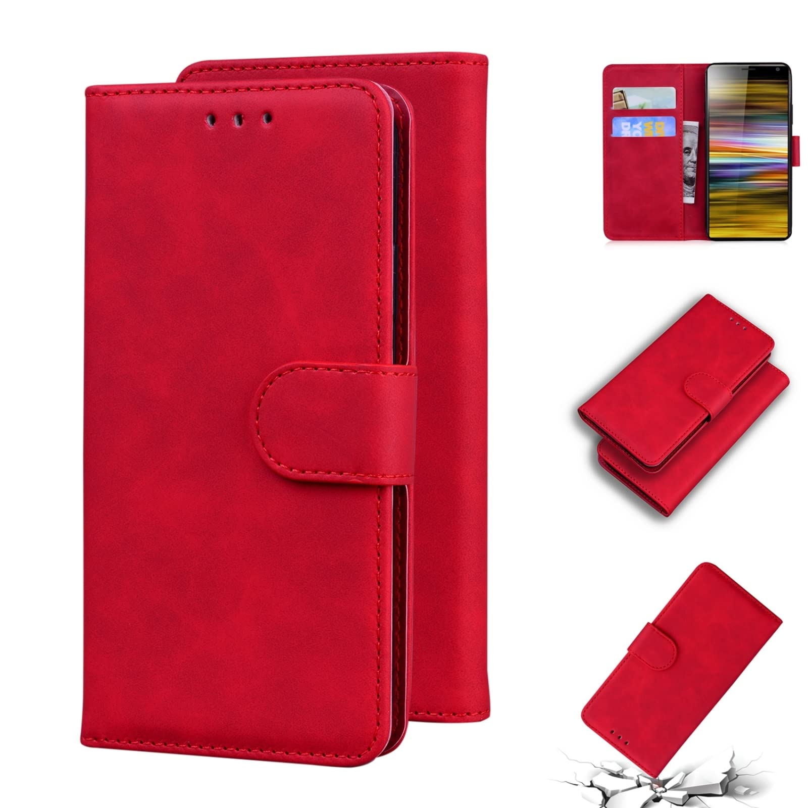 Premium Genuine Leather Flip Case for Sony Xperia 10 Plus - Soft Skin Feel, Pure Color Protection Cover (Red) | Slim Protective Phone Case for Business & Everyday Use