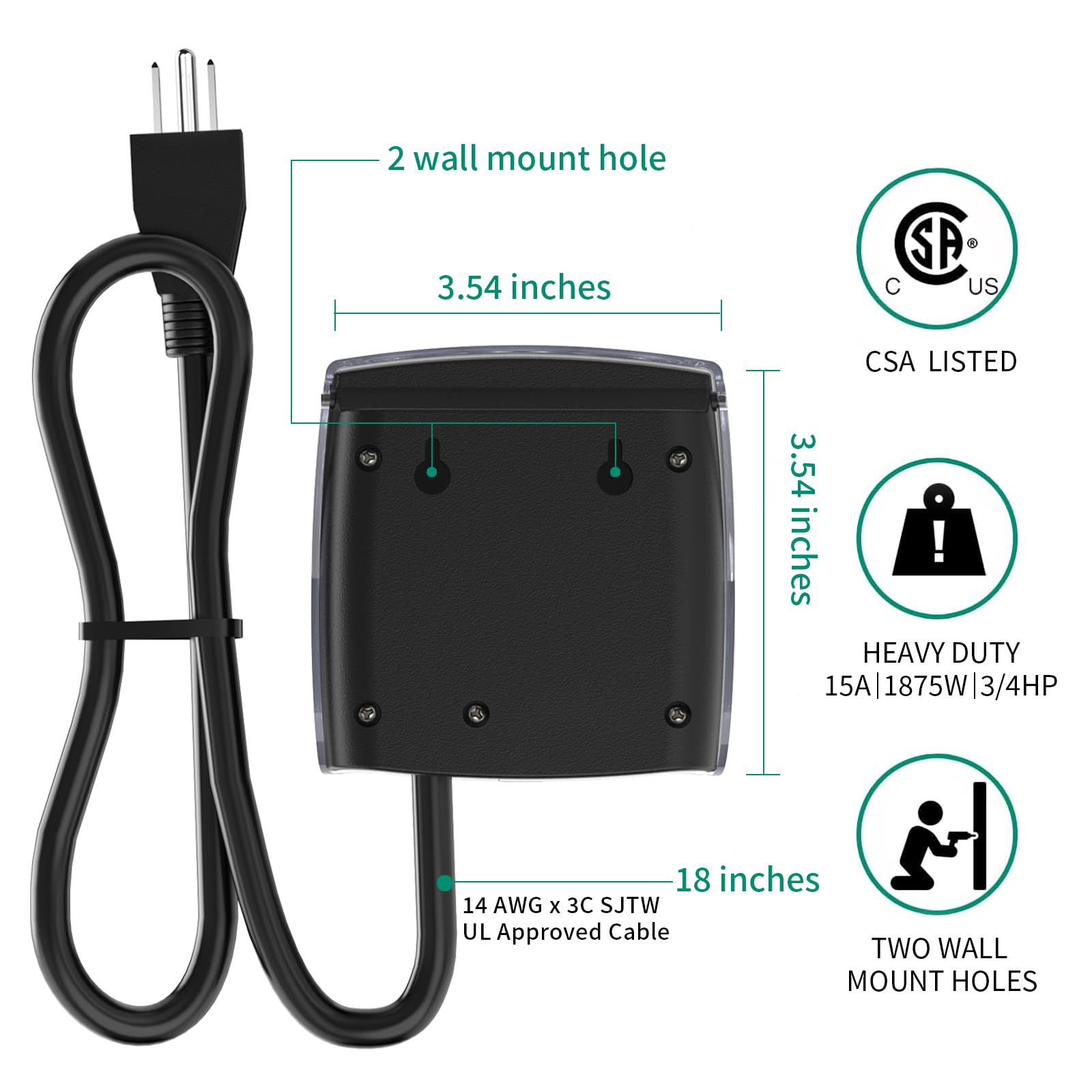 G-Homa Outdoor Mechanical 24 Hour Timer - Waterproof Light Timer with 18 Inch Cord & Protective Cover (15A 3/4HP, CSA Certified) - Perfect for Pool Pumps, Engine Block Heaters, Holiday Lights & Garden Irrigation