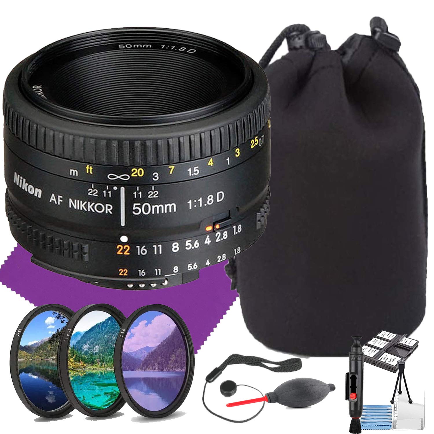Nikon AF NIKKOR 50mm f/1.8D Lens with Accessory Bundle & Cleaning Kit - Perfect for Portrait Photography, Low Light Shooting, and Everyday Use
